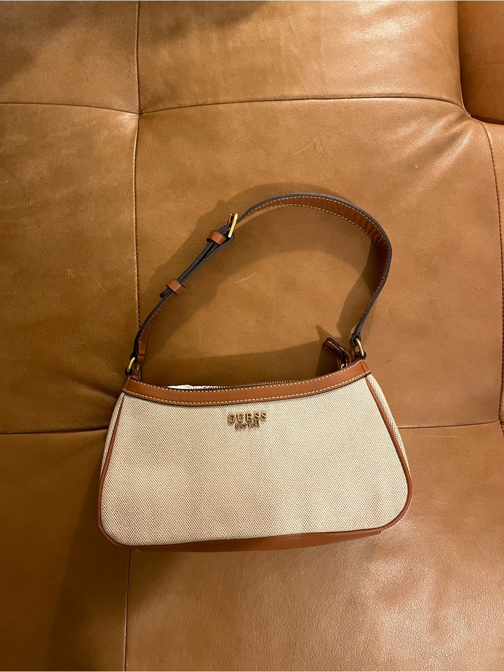 Guess Cream Canvas Shoulder Bag with Brown Leather Trim
